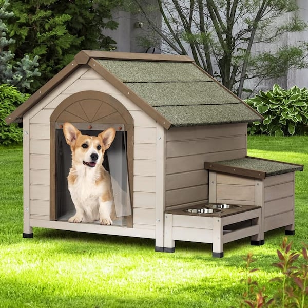 Dog House: Cream Beige Side Storage Gabled Wood Dog House with Bowls