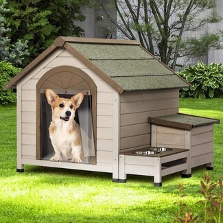 Dog House: Cream Beige Side Storage Gabled Wood Dog House with Bowls