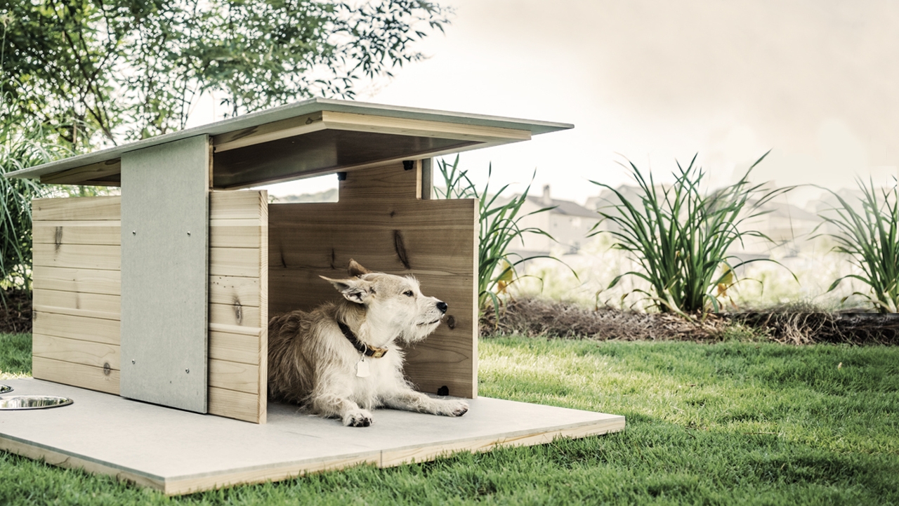 Dog House: Honey Wood Horizontal Siding Minimalist Outdoor Pet Shelter