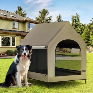 Dog House: Khaki Fabric Elevated Outdoor Portable Large Dog House