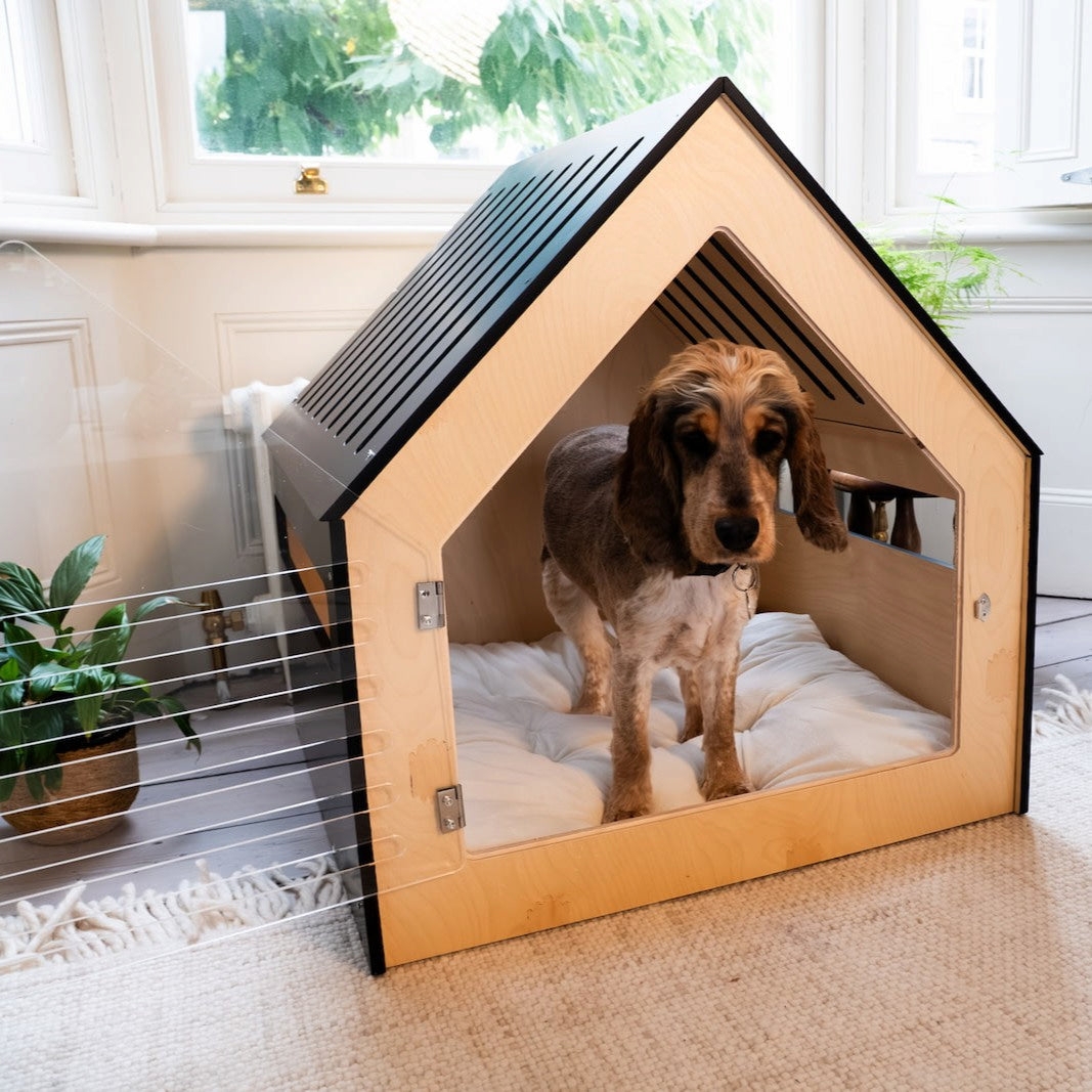 Dog House: Matte Black Slatted Roof Luxury Indoor Dog Kennel