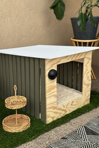Dog House: Sage Green Slatted Sides and Sconce DIY Midcentury Sanctuary