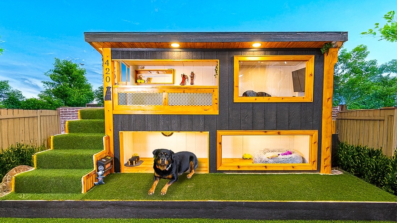 Dog House: Two-Story Mansion with Turf Stairs and Integrated Lighting