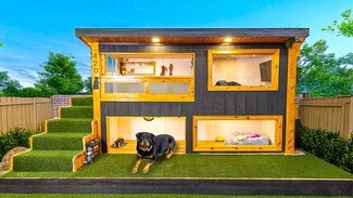 Dog House: Two-Story Mansion with Turf Stairs and Integrated Lighting