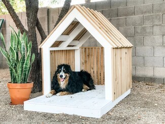 Dog House: White Slatted Roof and Porch Extension Minimalist Pet Kennel