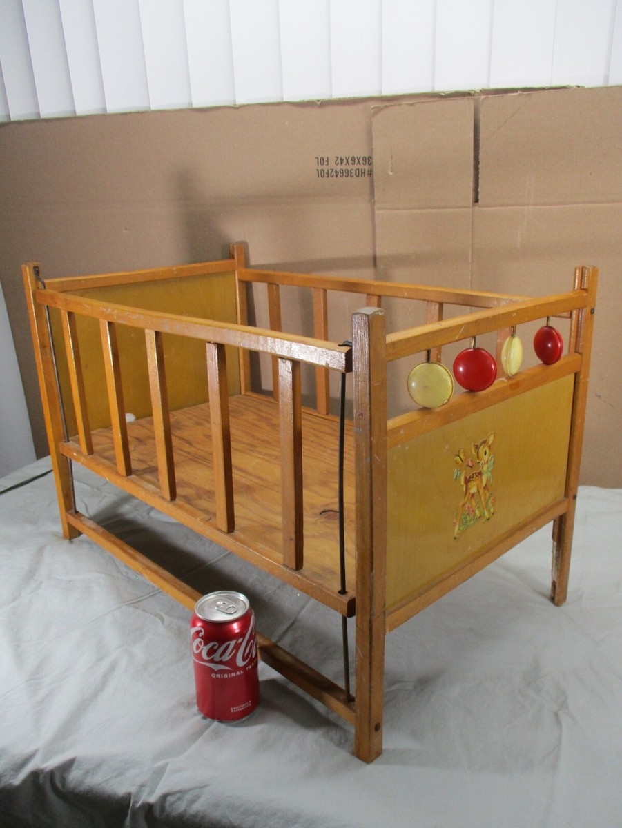 Doll Crib Honey Oak Finish with Deer Decal and Sliding Rail