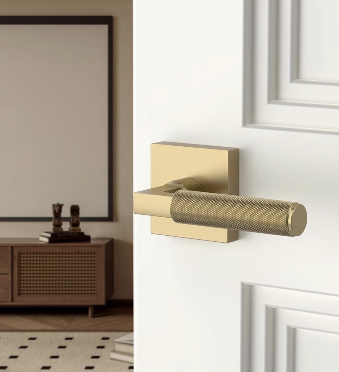 Door Handle Knurled Grip Muted Gold Square Rosette