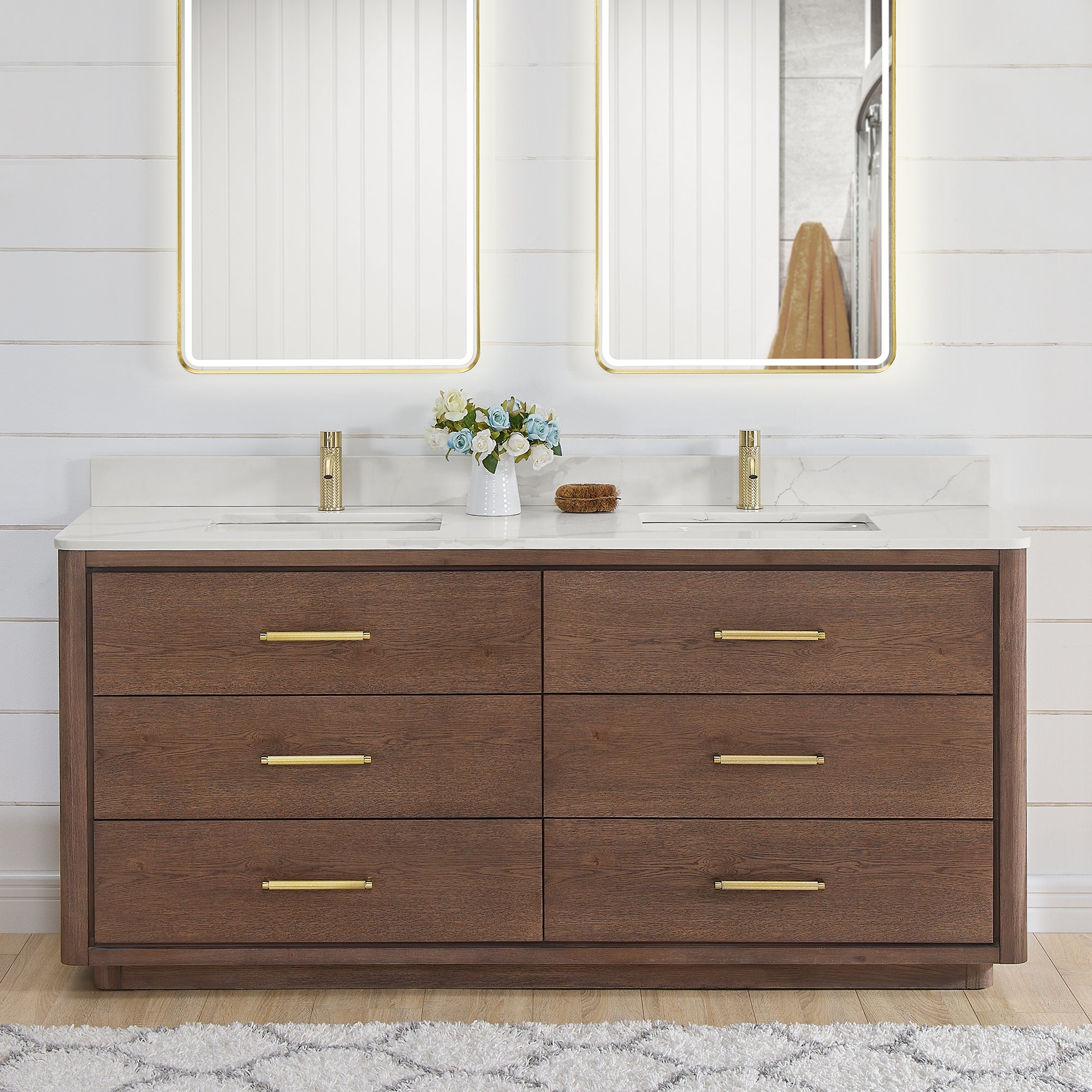 Double Bath Vanity: Aged dark brown oak with brushed gold hardware