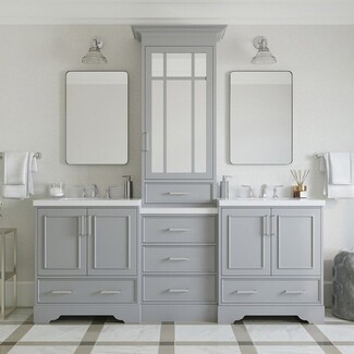Double Bathroom Vanity With Central Linen Tower In Dove Gray