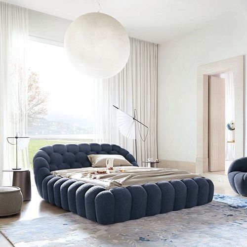 Double Bed Navy Blue Sculptural Tufted Bubbles Frame