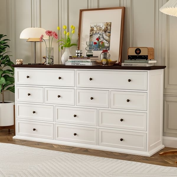 Double Dresser 12 Drawer White Dresser Recessed Panels