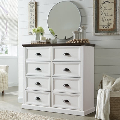 Double Dresser with Bin Pulls White 8-Drawer Dresser
