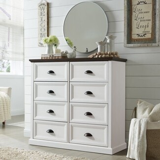 Double Dresser with Bin Pulls White 8-Drawer Dresser