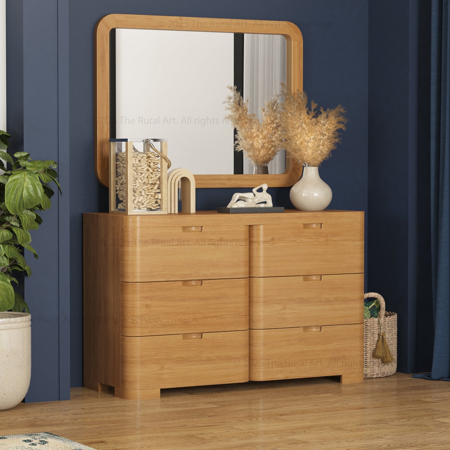 Double Dresser with Integrated Pulls and Warm Honey Wood
