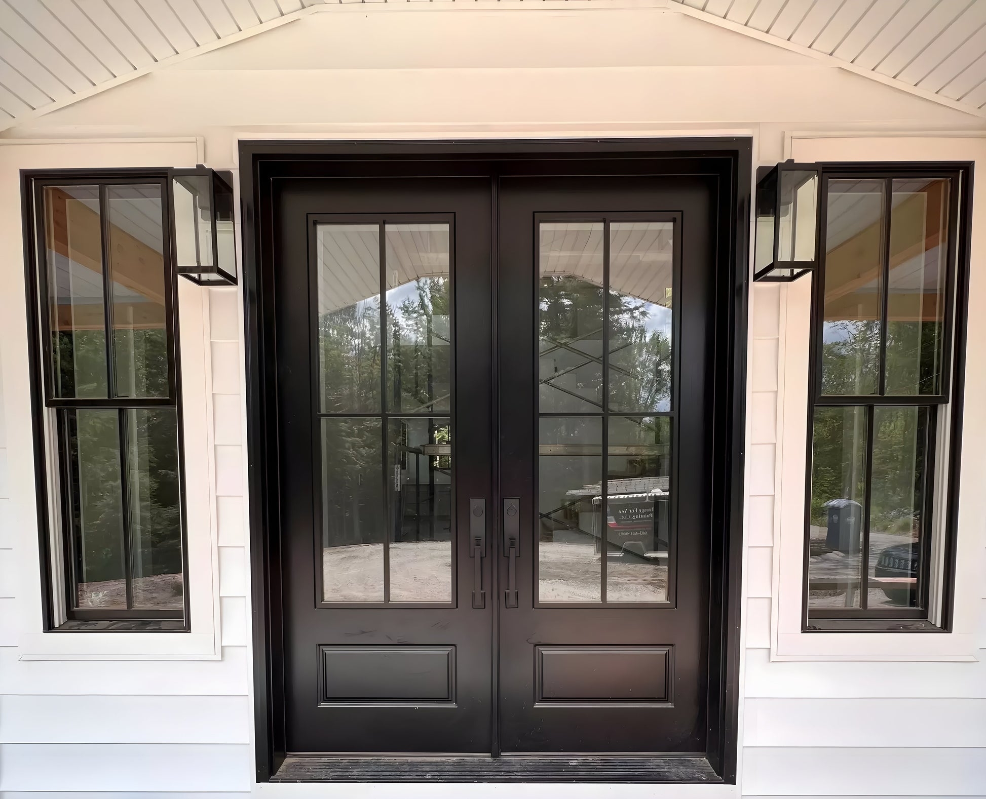 Double Entry Doors 4-Lite Panes Matte Black Double Entry