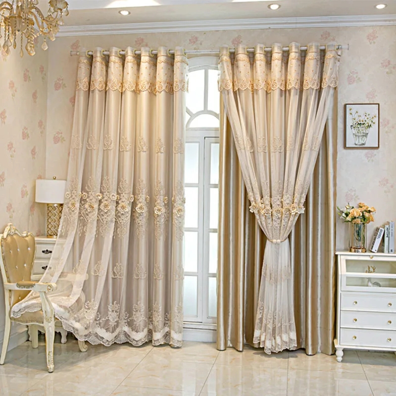 Double Layer Curtains: Champagne Sateen 3D Embroidered Flowers