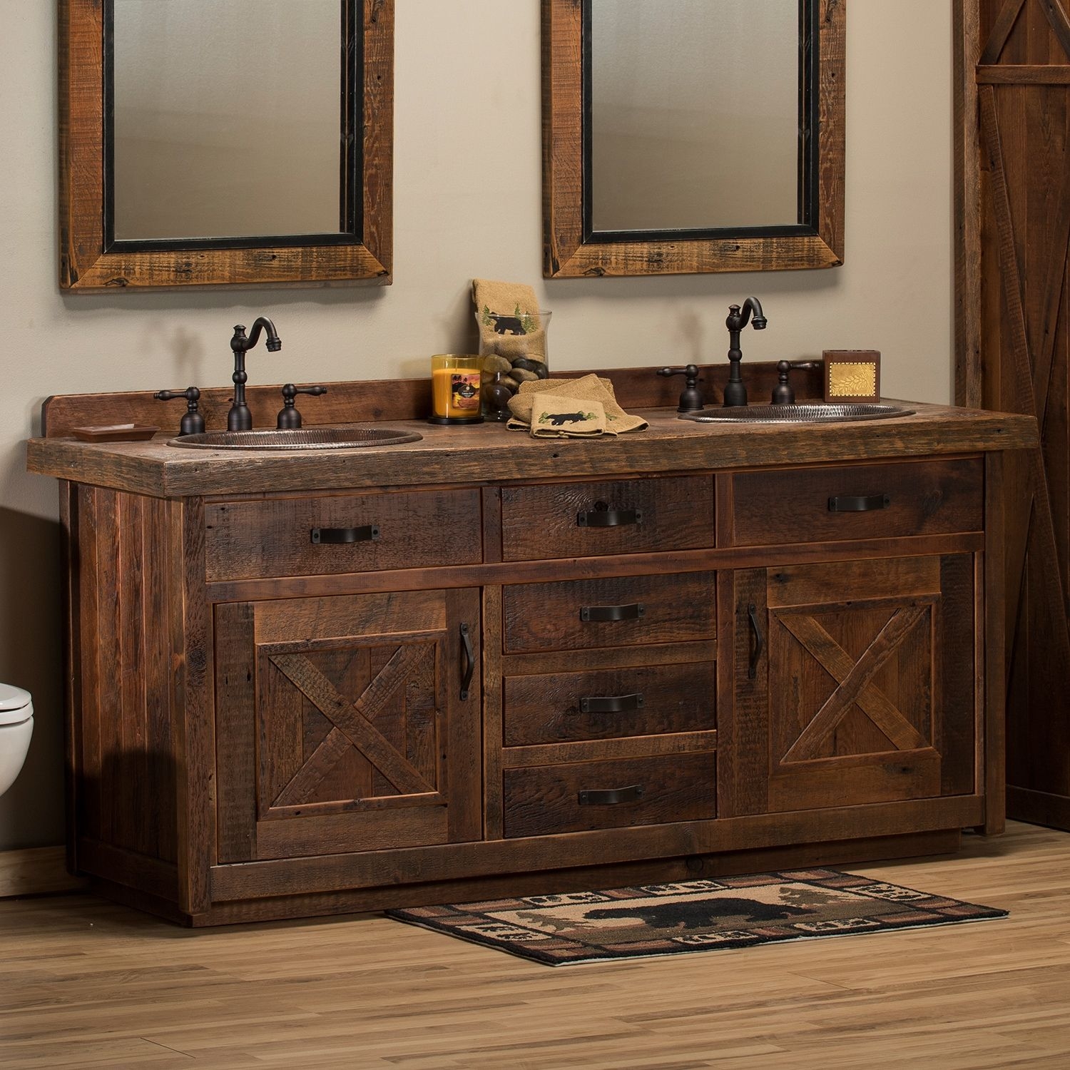 Double Vanity: Reclaimed barn wood with x-panel doors and cup pulls