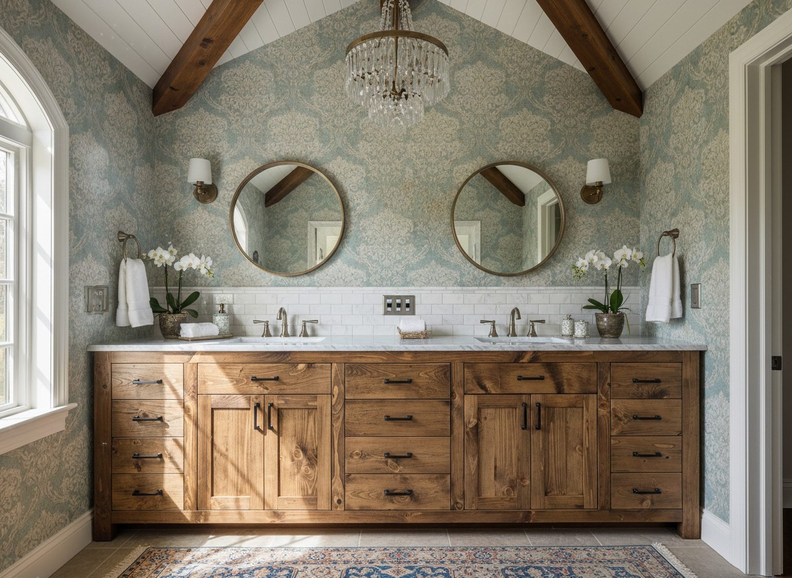 Double Vanity Set With Knotted Wood And Sage Damask Wallpaper