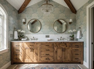 Double Vanity Set With Knotted Wood And Sage Damask Wallpaper
