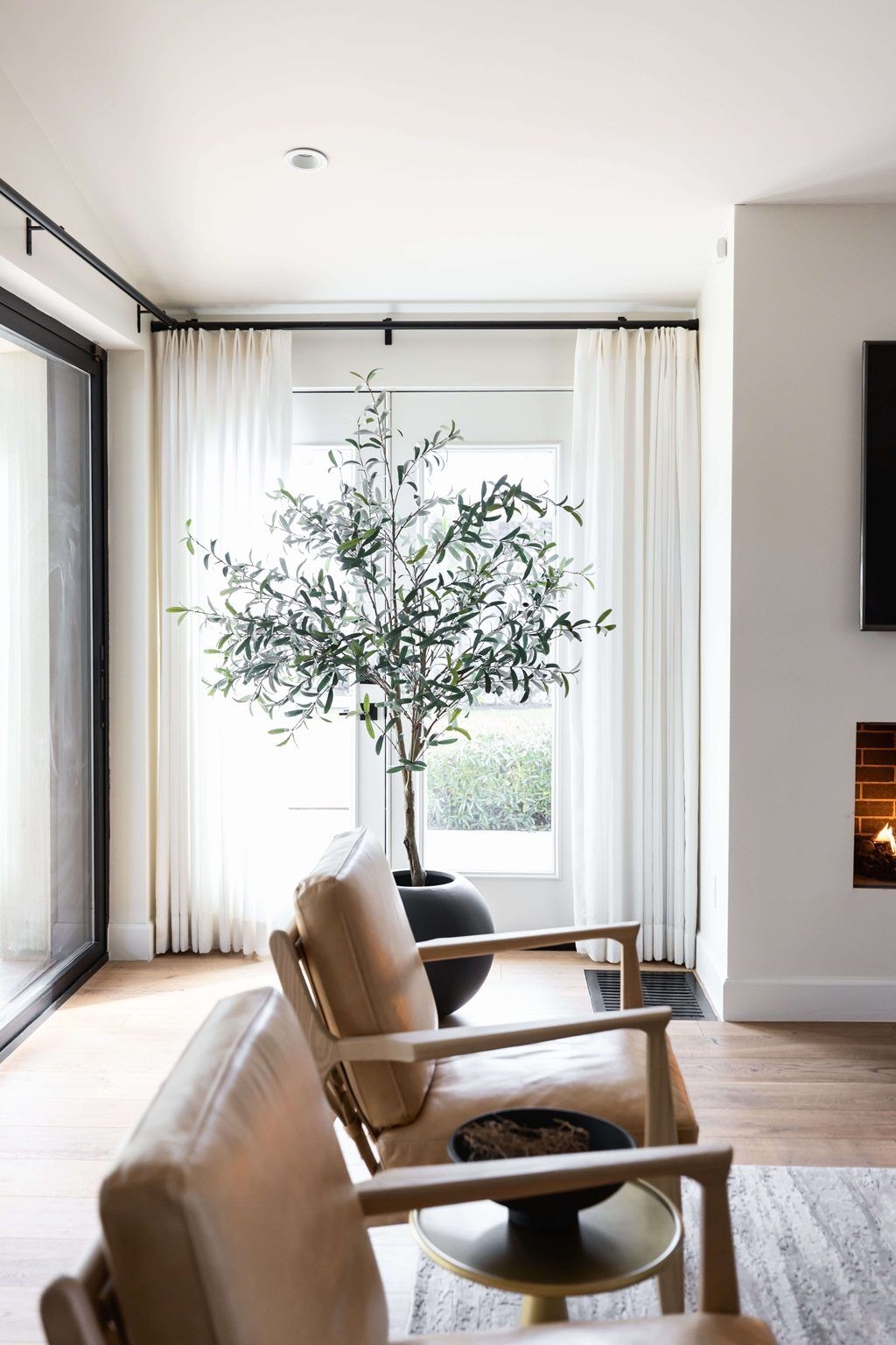 Drapery Panels: Soft White Matte Black Rod Window Treatment