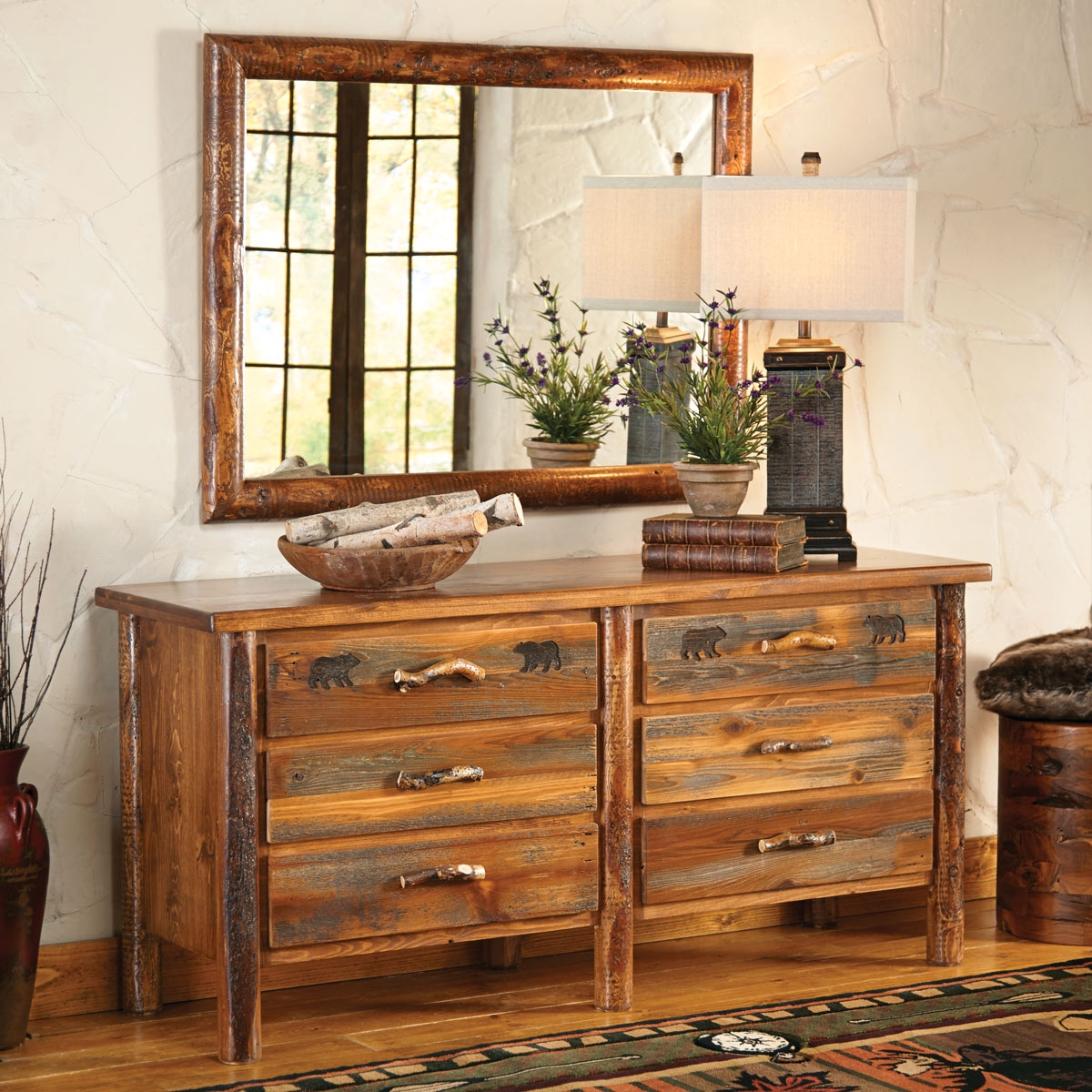 Dresser and Mirror Rustic Bear Dresser with Log Corner Posts