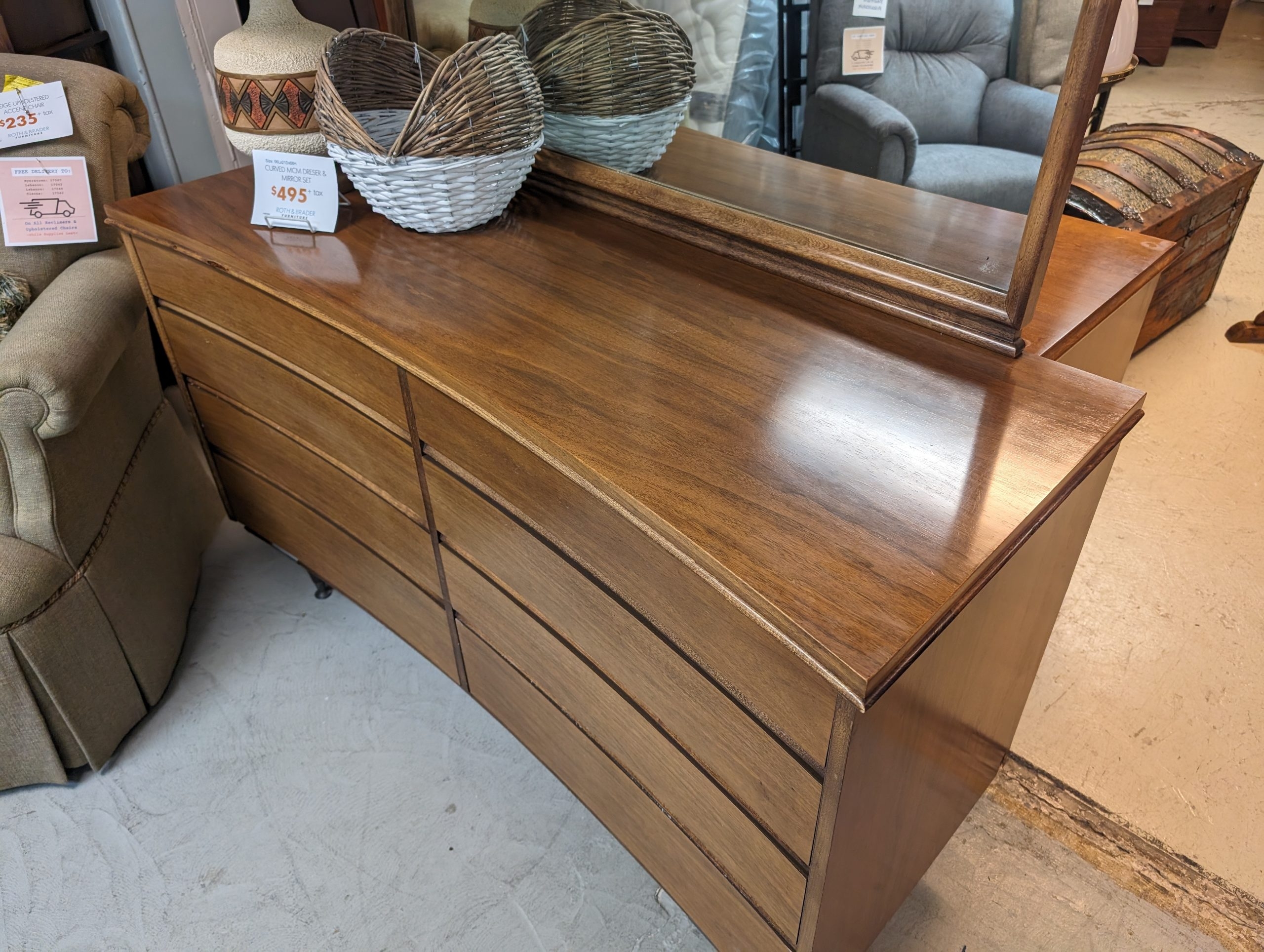 Dresser And Mirror Walnut Curved Front MCM Double Dresser