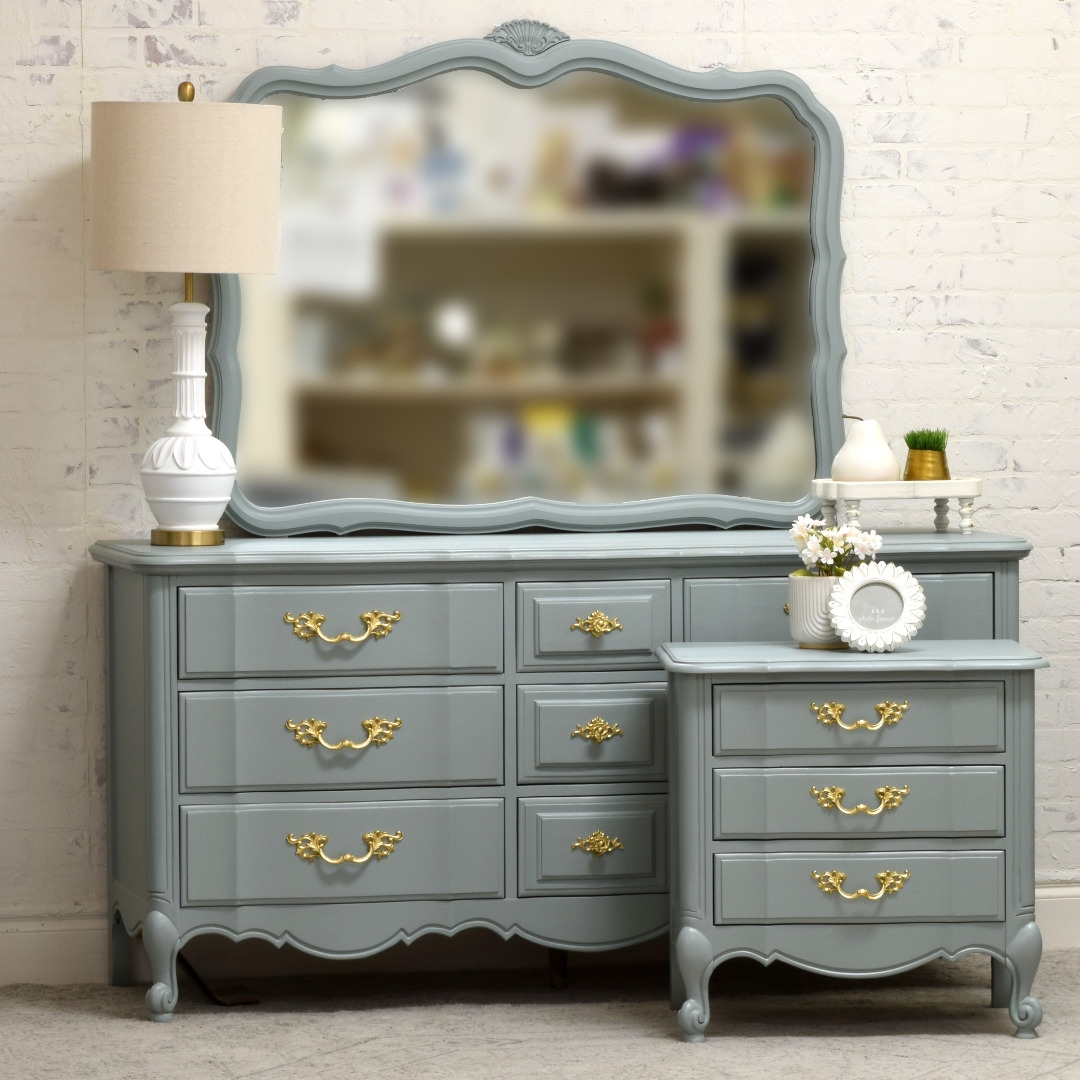 Dresser and Mirror with Slate Blue Scalloped Frame