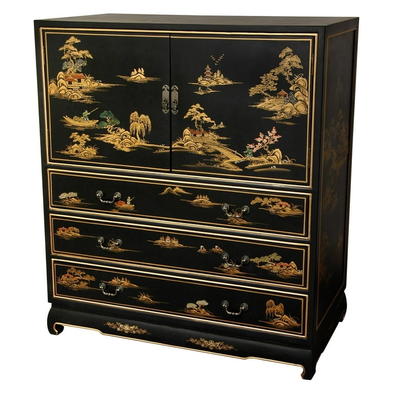 Dresser Black Lacquer Finish Hand Painted Landscape Scenery