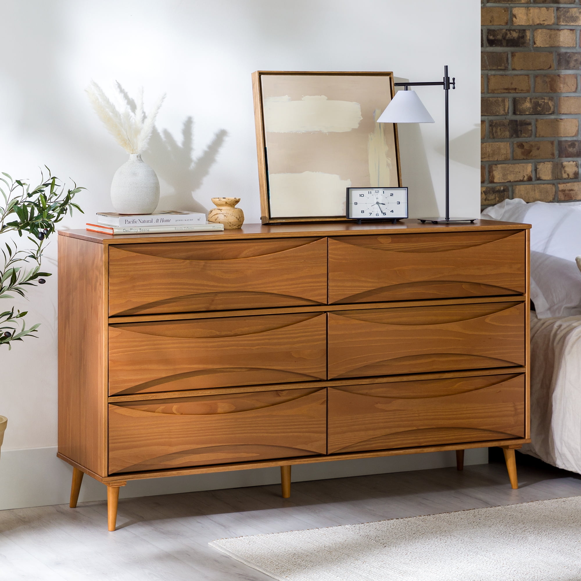 Dresser Caramel Curved Drawer Fronts Wide 6-Drawer Chest