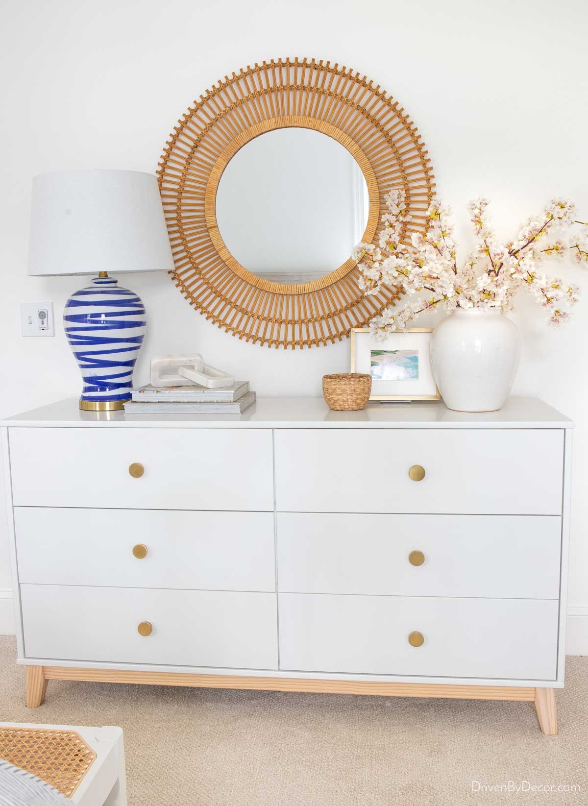 Dresser Crisp White Sunburst Mirror Coastal Dresser Decor