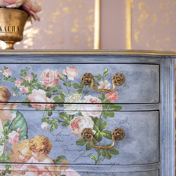 Dresser Faux Stone Finish Cherub Motif Floral Dresser Makeover