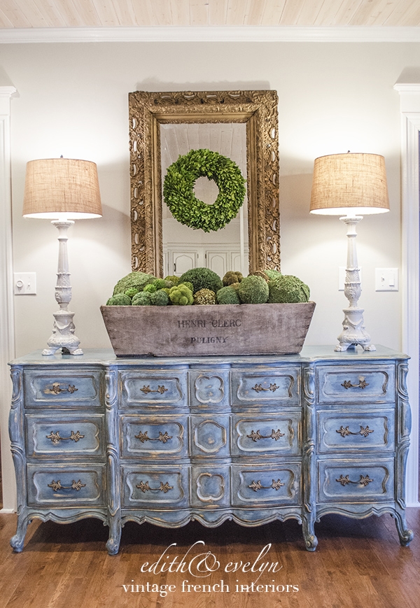 Dresser in Distressed Blue with Ornate Gold Mirror Frame