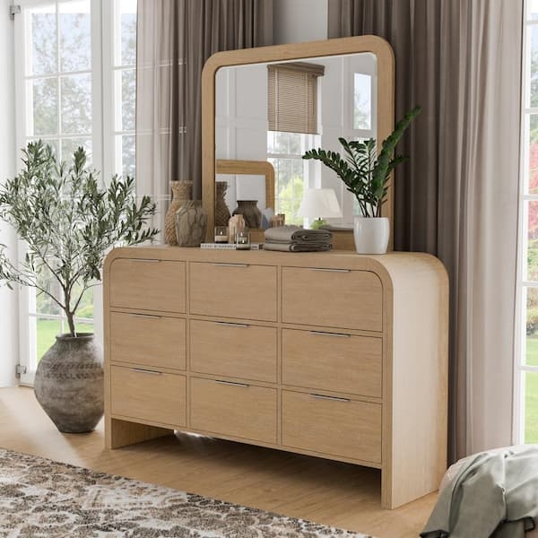 Dresser Mirror Set with Curved Waterfall Edges and 9 Drawers