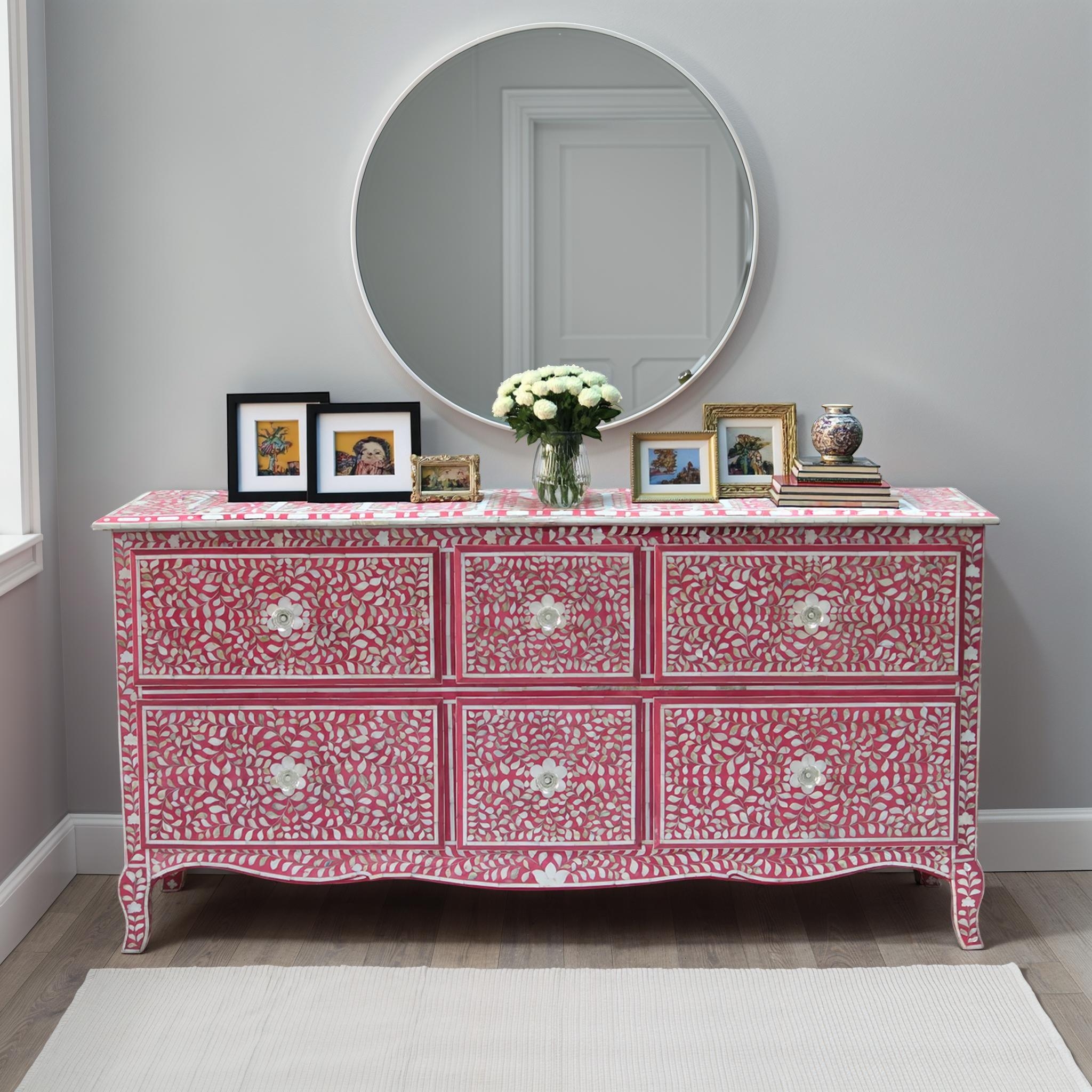 Dresser Mother of Pearl Floral Pink Bone Inlay Dresser