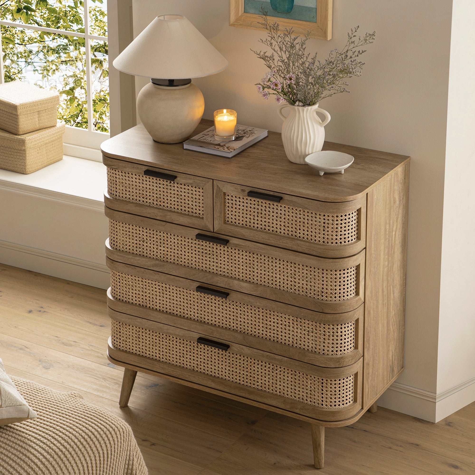 Dresser Natural Curved Rattan Panels Cane Chest Of Drawers
