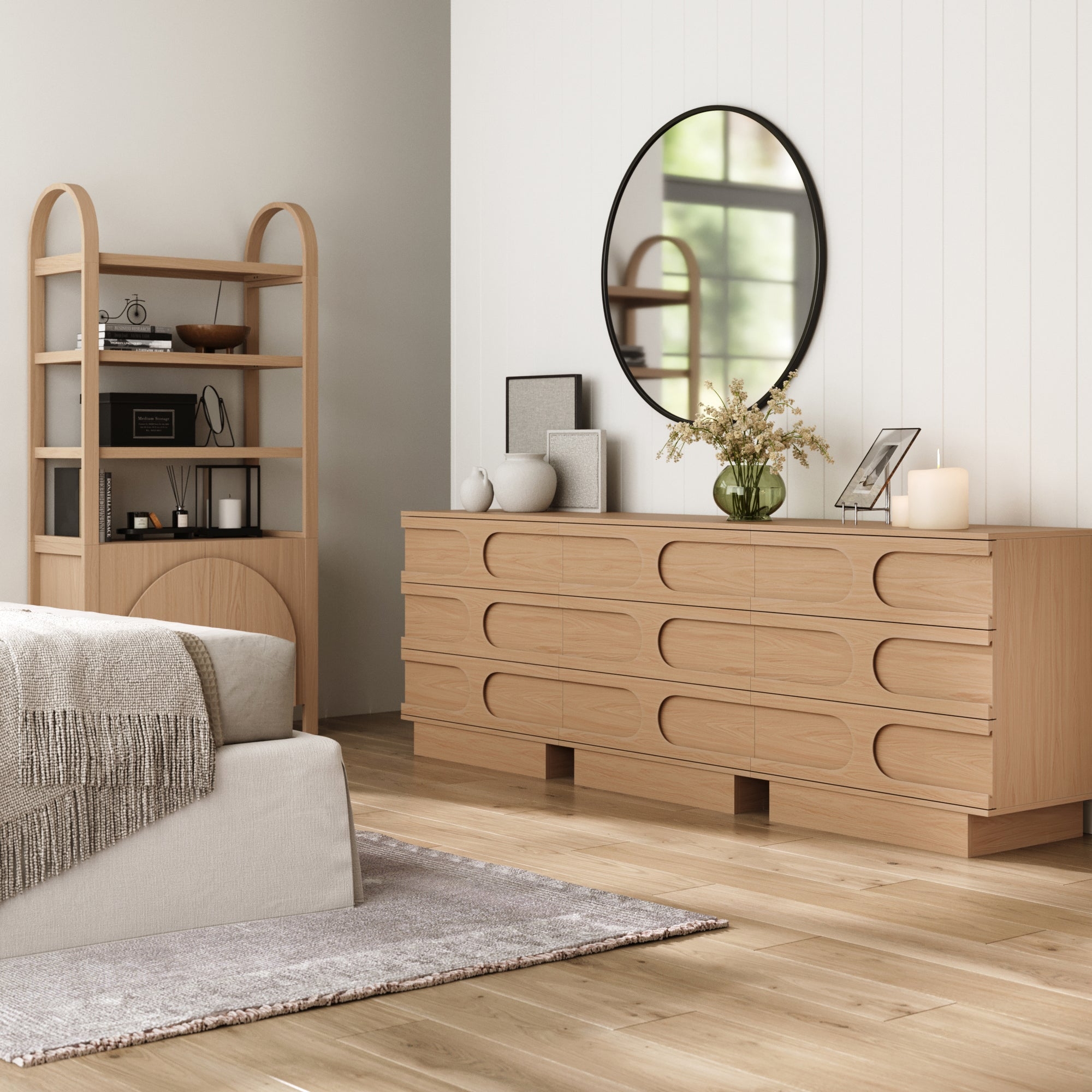 Dresser Set with Arched Recessed Drawers in Light Oak