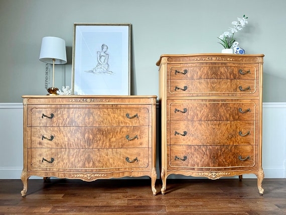 Dresser Set with Burl Veneer and Antique Carvings