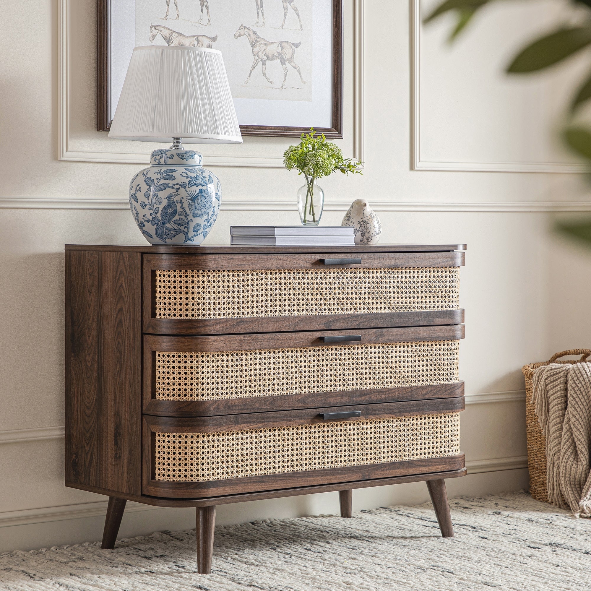 Dresser Walnut Curved Rattan Front Pill Shaped Wood Dresser