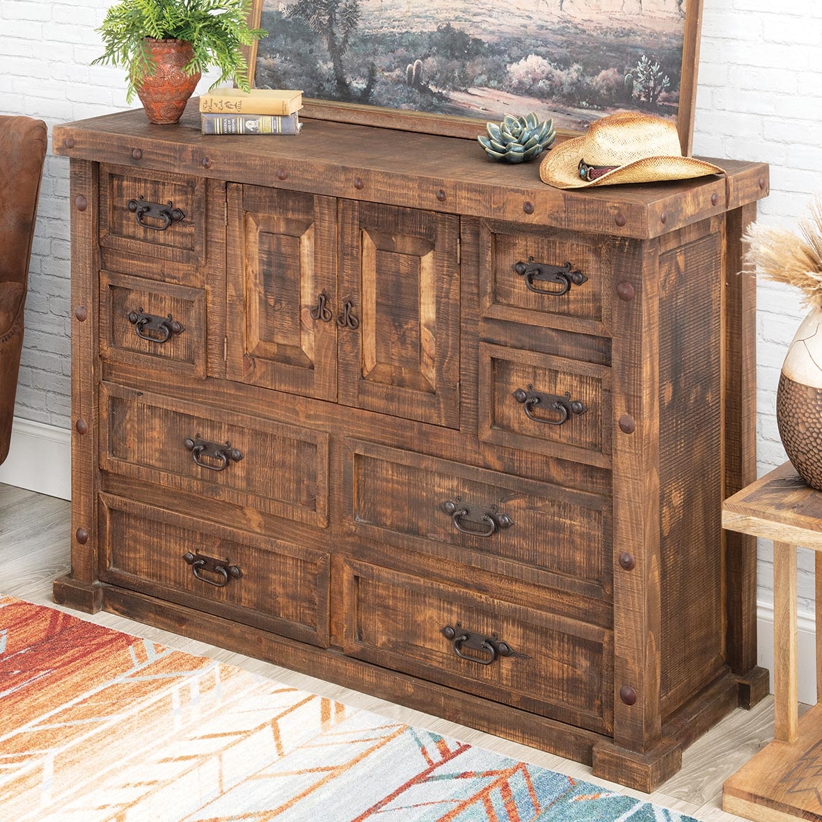 Dresser Warm Brown Rustic Pine Dresser with Metal Studs