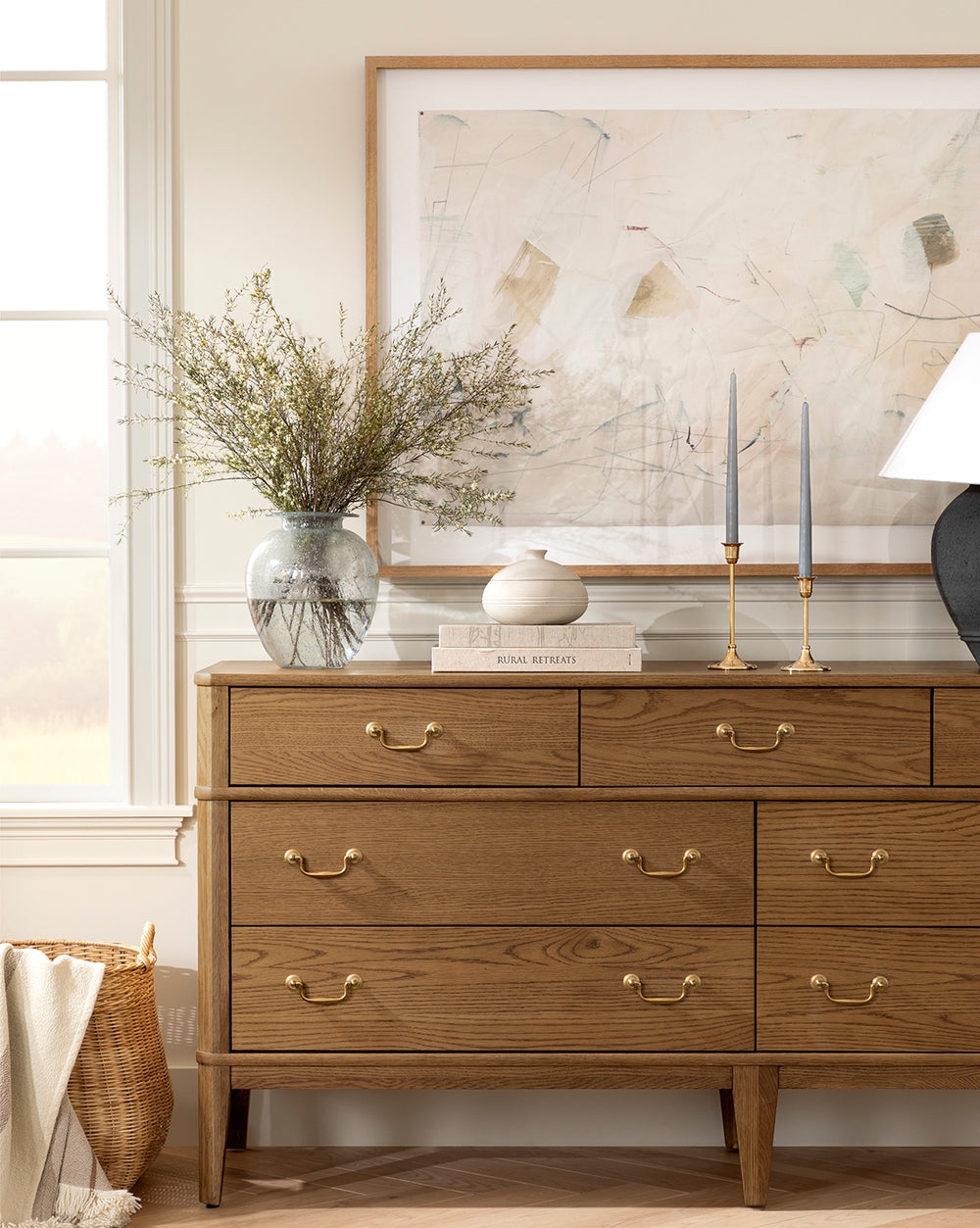 Dresser Warm Oak Bedroom Chest with Antique Brass Bail Pulls