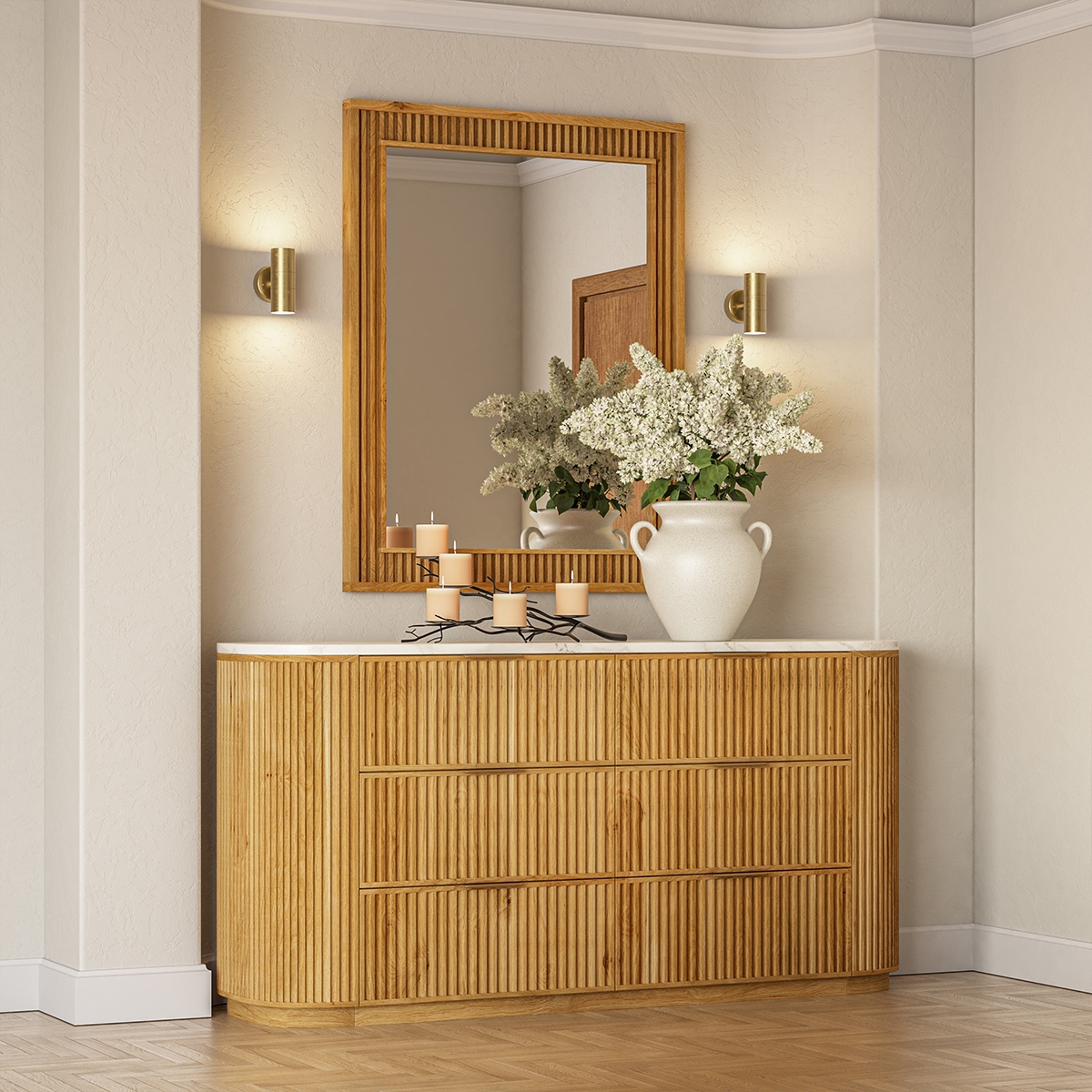 Dresser Warm Oak Marble Top Curved Ends Ribbed Wood Chest
