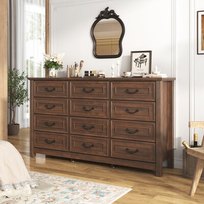 Dresser with 12 Drawers Walnut Farmhouse Bedroom Storage