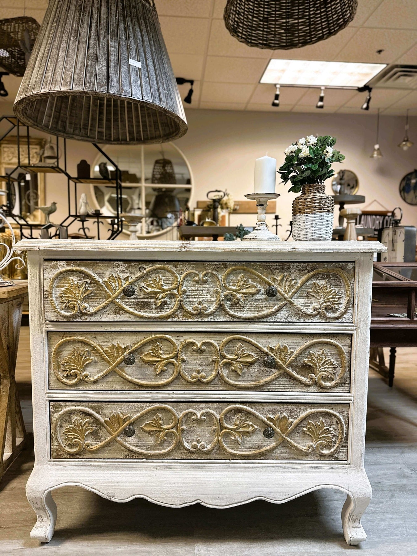 Dresser with Gold Relief Carvings and Distressed Paint