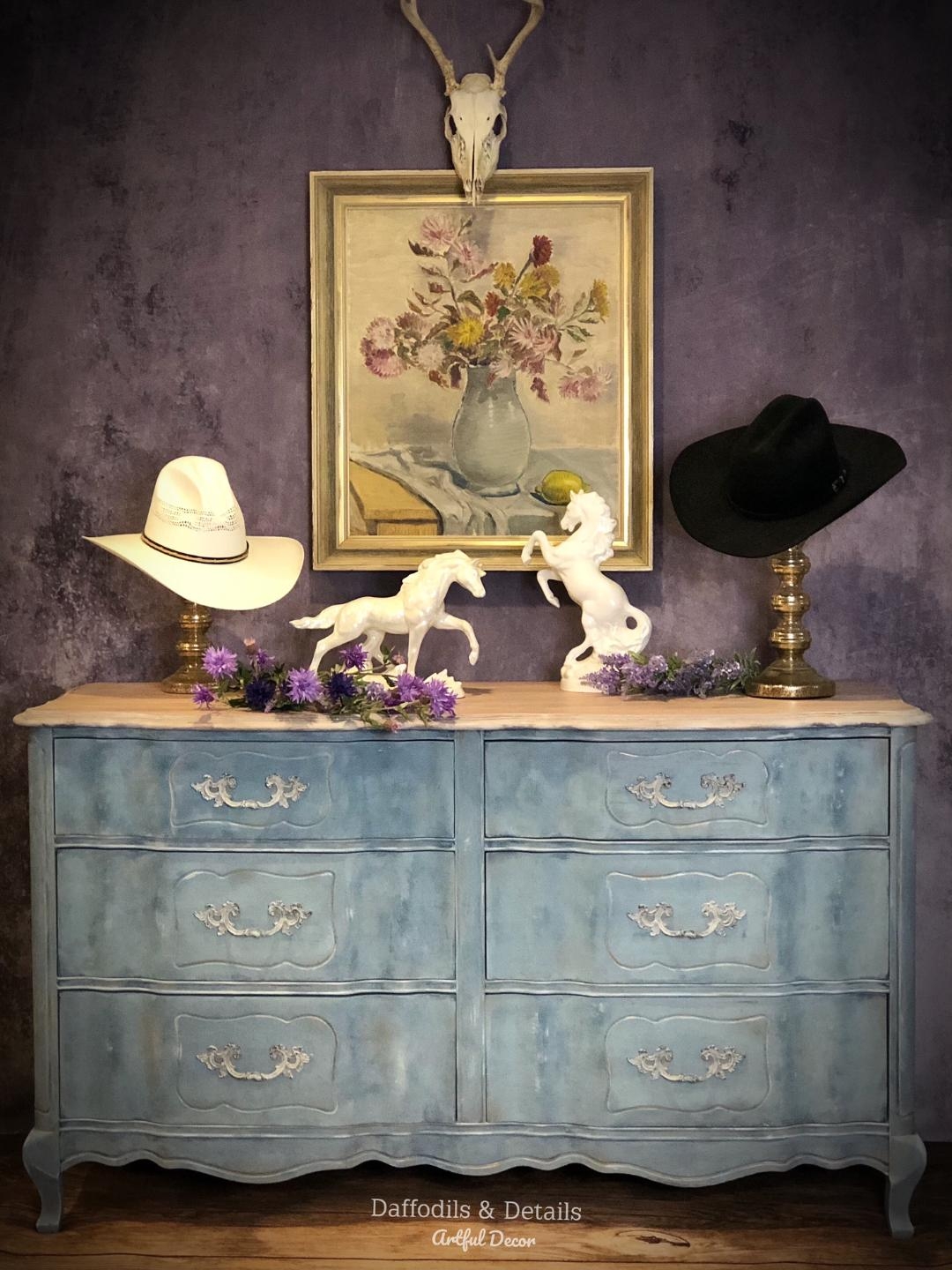 Dresser with Hand Painted Finish and Ornate Scroll Pulls
