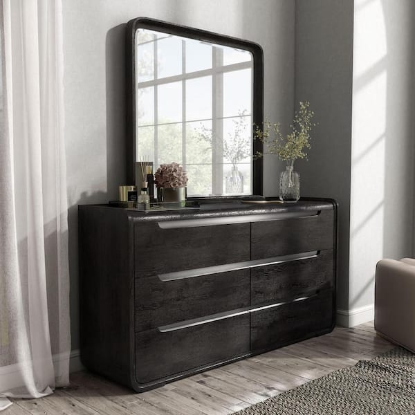 Dresser With Mirror with Textured Black Finish and Nickel Trim
