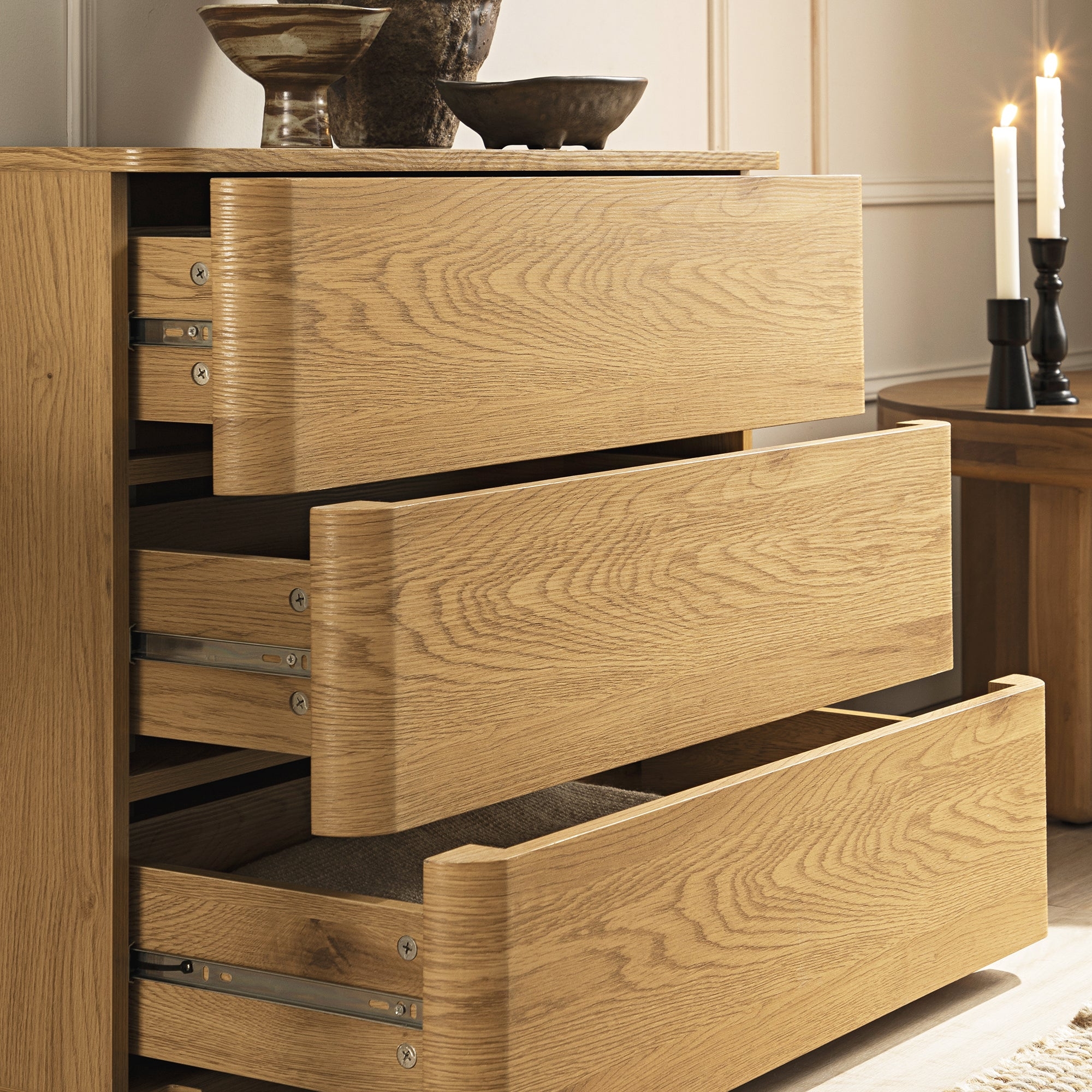 Dresser with Recessed Pulls and Natural Wood Grain Texture