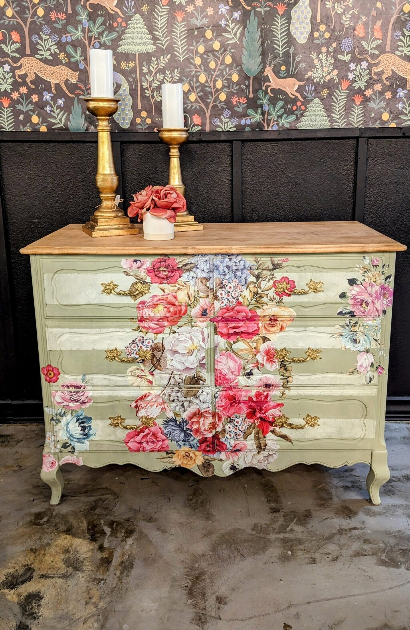Dresser with Romantic Botanical Pattern in Sage Green