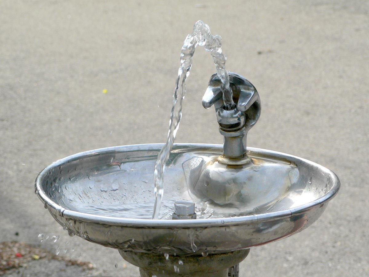 Drinking Fountain Polished Metal Basin with Arching Water Stream