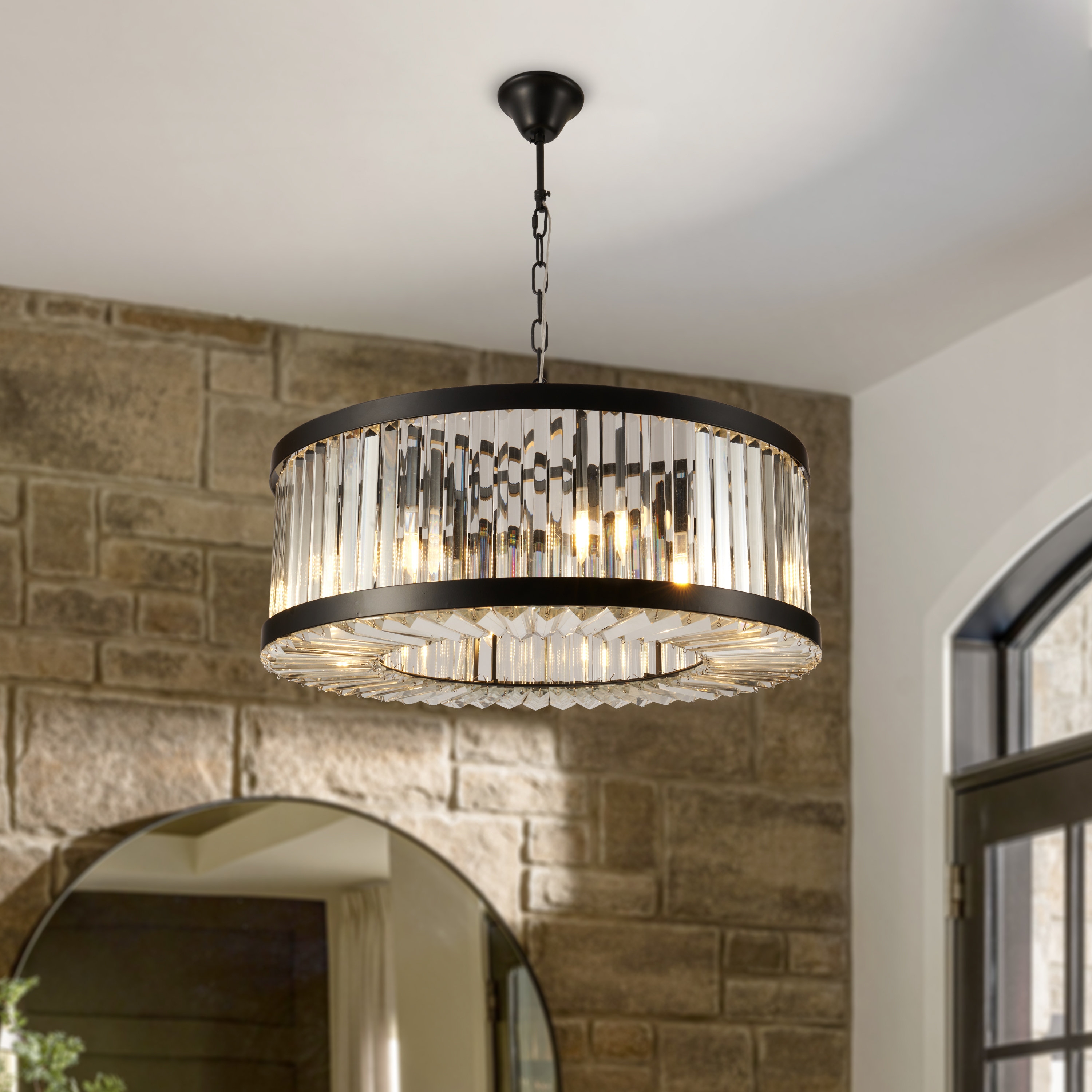 Drum Chandelier Vertical Rods Black Modern Glam Dining Light