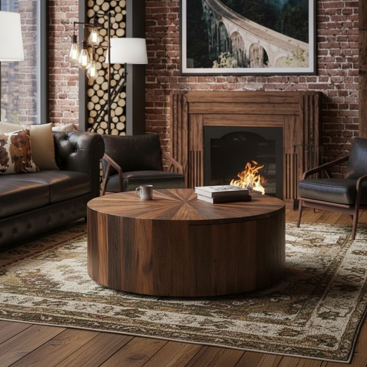 Drum Coffee Table with Radial Plank Sunburst Wood Grain